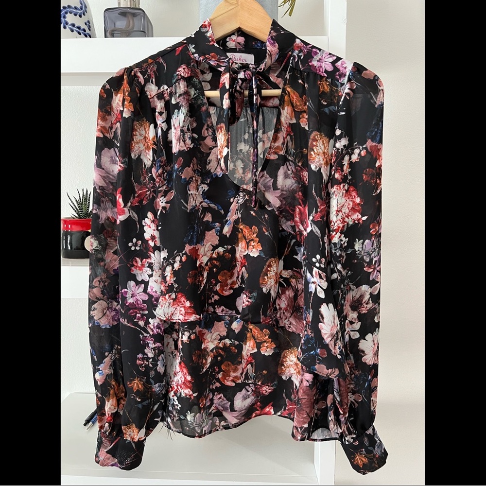 Parker Floral Tiered Blouse with Flowy Bow Neck Tie Sz Small